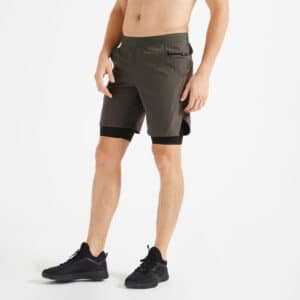 2-in-1-Fitnessshorts Kollektion atmungsaktiv mit RV-Tasche Herren kaki