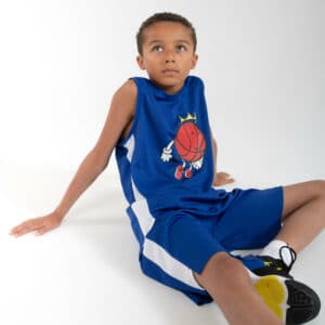 Basketballshirt ärmellos T500 Kinder blau/weiss