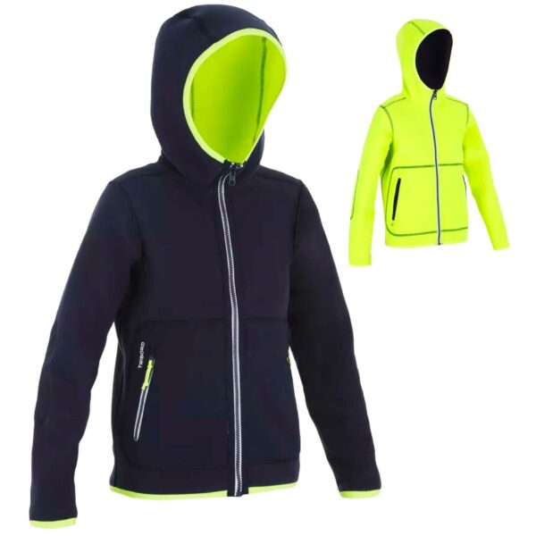 Fleecejacke Segeln Sailing 500 warm wendbar Kinder marineblau/neongelb