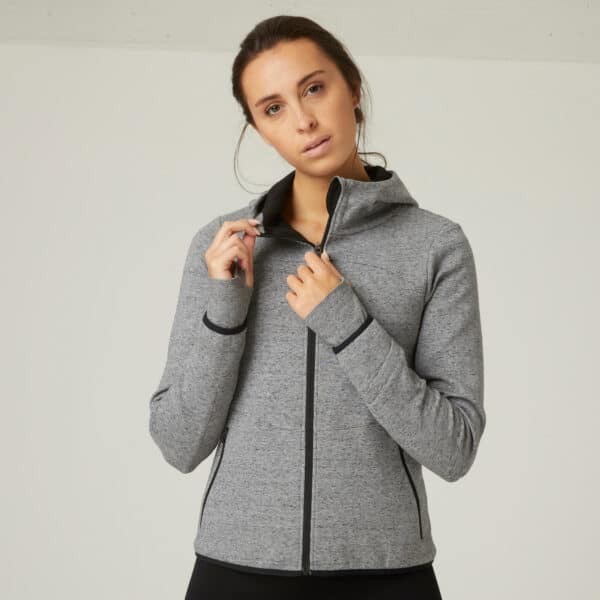 Kapuzenjacke Fitness mit Reissverschlusstaschen Damen grau