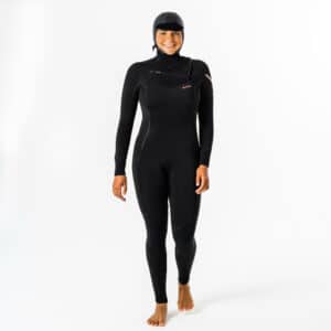 Neoprenanzug Surfen 900 5/4 mm mit Kapuze und Brustreißverschluss Damen schwarz