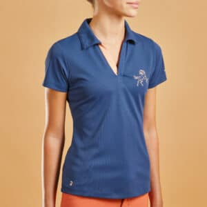 Reit-Poloshirt 500 kurzarm Mesh Kinder blau/orange