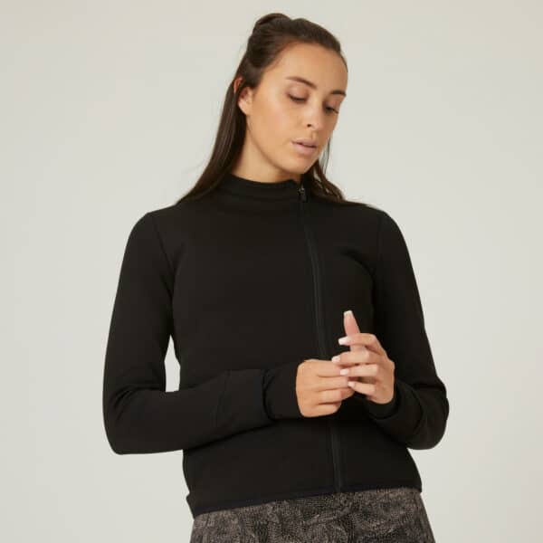 Sweatjacke Fitness mit Reissverschlusstaschen Damen schwarz