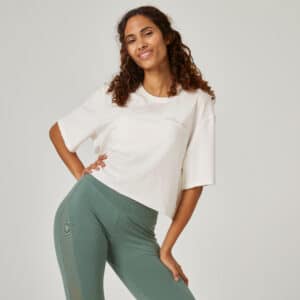 T-Shirt Crop Top mit Stickerei Damen naturfarben