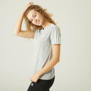 T-Shirt Fitness 3 Streifen 100 % Baumwolle Damen graumeliert