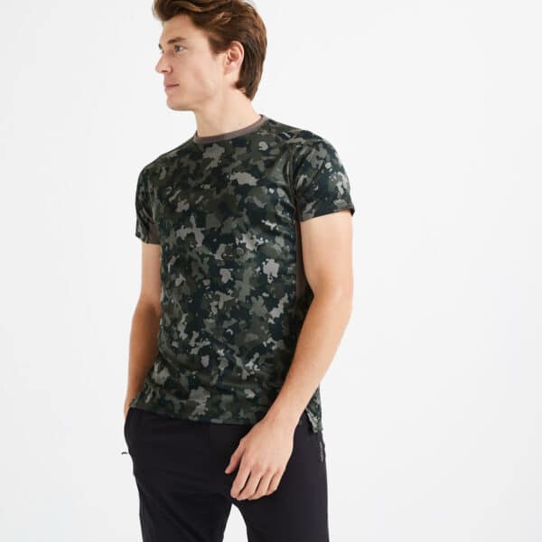 T-Shirt Fitness Essential atmungsaktiv Rundhalsausschnitt Herren Camouflage kaki