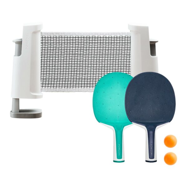 Tischtennis-Set Pfosten + Netz verstellbar Rollnet weiss/grau 2 Schläger 2 Bälle