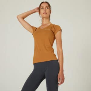 T-Shirt Fitness 500 Slim Baumwolle V-Ausschnitt Damen braun