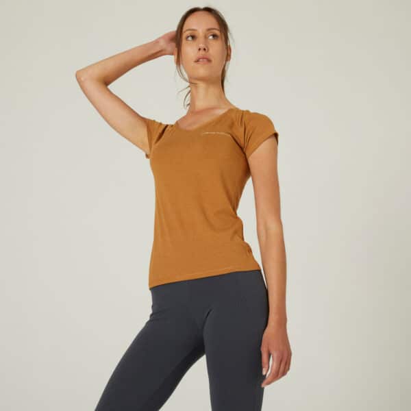 T-Shirt Fitness 500 Slim Baumwolle V-Ausschnitt Damen braun