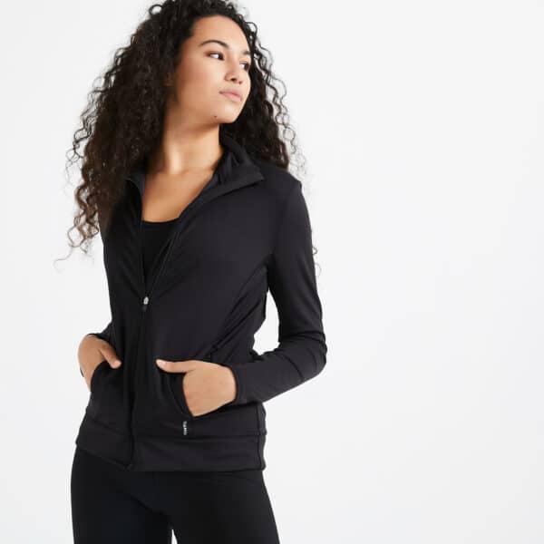 Trainingsjacke gerader Schnitt Fitness Cardio Damen schwarz
