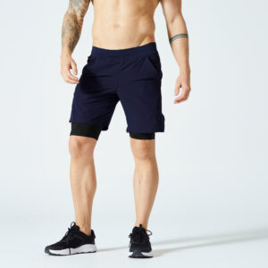 2-in-1-Fitnessshorts Kollektion atmungsaktiv mit RV-Tasche Herren - blau/schwarz