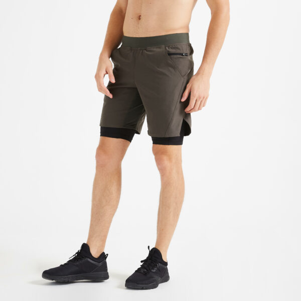 2-in-1-Shorts 500 atmungsaktiv mit RV-Tasche Herren - khaki