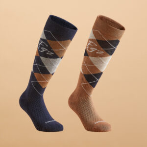 Reitsocken 500 Damen/Herren Grafik-Print blau/braun