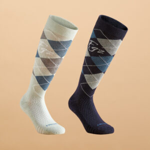 Reitsocken 500 Damen/Herren Grafik-Print dunkelblau/grün