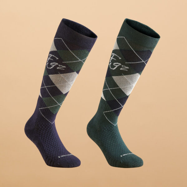 Reitsocken 500 Damen/Herren Grafik-Print dunkelblau/grün