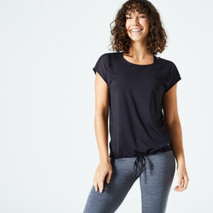 T-Shirt Damen weit Rundhalsausschnitt Fitness Cardio - schwarz